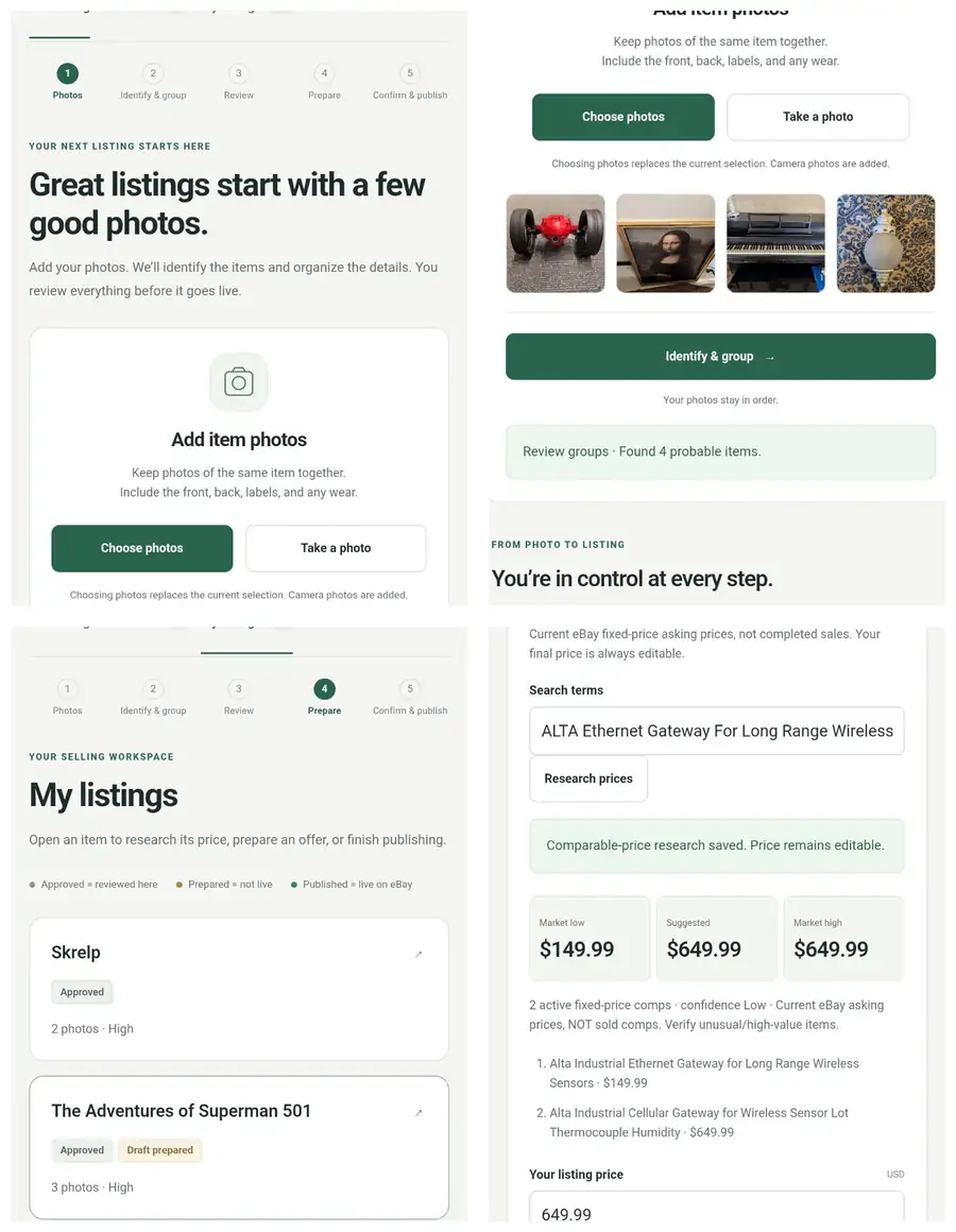Listing Agent private beta screens showing photo intake, item grouping, seller workspace and comparable-price research